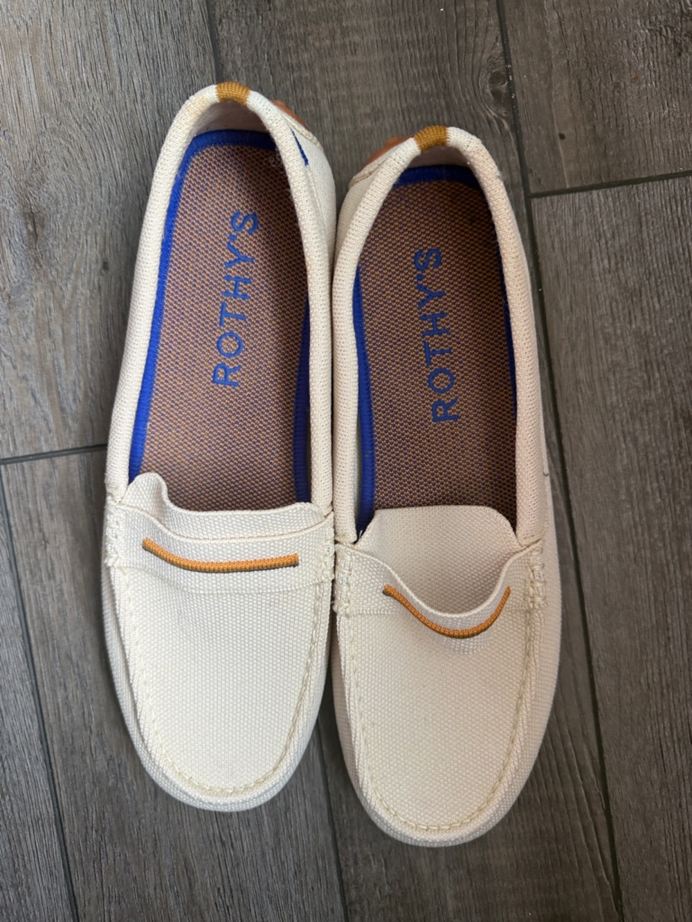 Rothy's Cream Canvas Driving Loafers with Tan Accents